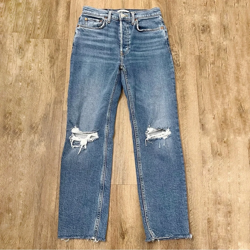 RE/DONE 70s Stove Pipe‎ High Rise Jeans in Dusk Destroy